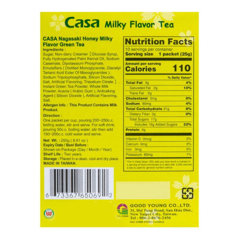 Casa Nagasaki Honey Milky Flavor Green Tea 10 Packets 8.81 Oz (250 g) - 台湾CASA卡萨 长崎蜂蜜绿奶奶茶 - Image 3